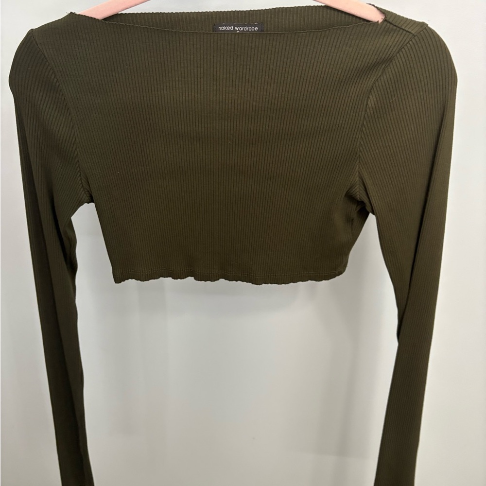 Naked Wardrobe Olive Long Sleeve Crop Top